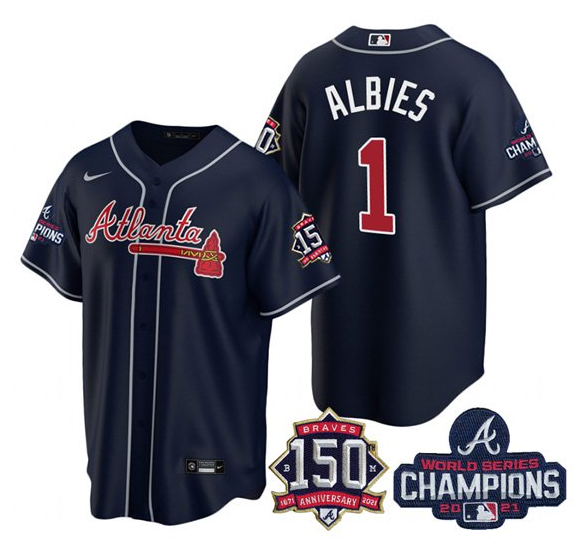 Men's Atlanta Braves #1 Ozzie Albies 2021 Navy World Series Champions With 150th Anniversary Patch Cool Base Stitched Jersey Men's Atlanta Braves #1 Ozzie Albies 2021 Navy World Series Champions With 150th Anniversary Patch Cool Base Stitched Jersey